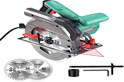 Kreissäge, HYCHIKA Handkreissäge 1500W 4700RPM, Max. Schnitttiefe: 90°: 65mm/45°: 45mm mit 2 Sägeblättern 190mm(24T/40T), Kupfermotor, Sicherheitsschalter für Holz DIY