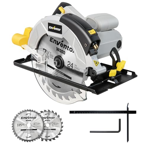 Kreissäge, ENVENTOR 1200W Handkreissäge mit führungsschiene, (Sägeblatt-Ø: 185mm, inkl. 2x Kreissägeblatt (24T+40T), 5800RPM, mit Laserführung, für Holz, Weichmetall, Fliesen