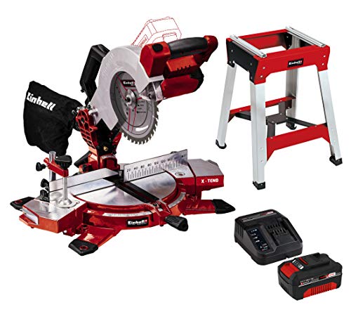 Einhell Akku-Kappsäge TE-MS 18/210 Li-Solo Power X-Change + Starter Kit Akku und Ladegerät Power X-Change + Untergestell E-Stand für Einhell Classic und Expert Kapp- und Zug-Kapp-Gehrungssägen